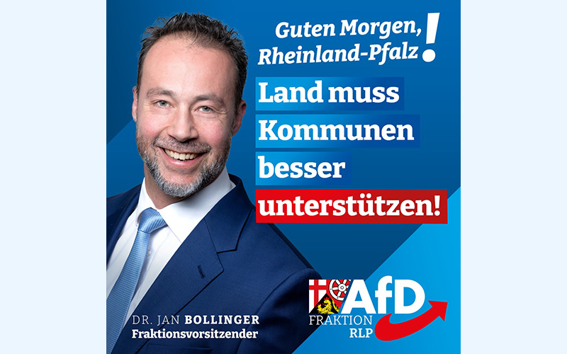 Dr. Jan Bollinger vor blauem Hintergrund wünscht Rheinland-Pfalz Guten Morgen