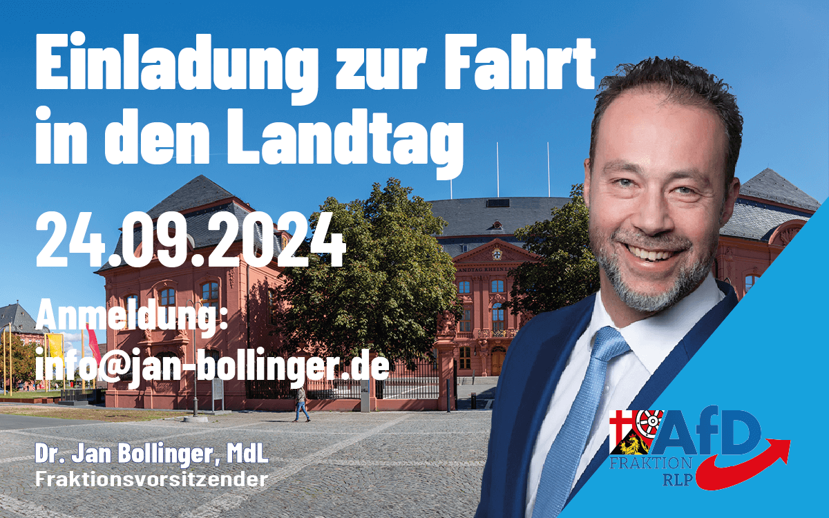 Dr. Jan Bollinger vor dem Landtag in Mainz, mit einer Einladung zum Landtagsbesuch