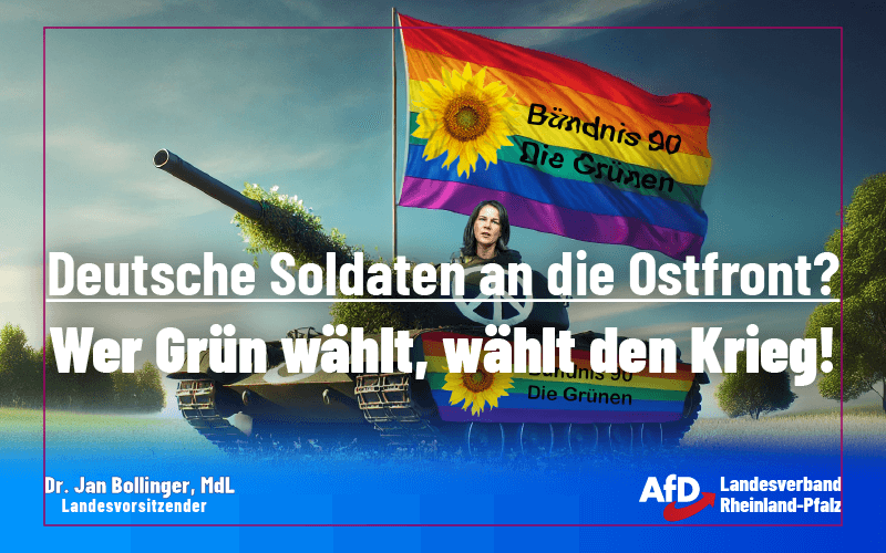 Deutscher Panzer lackiert im Regenbogen-Design, der von Annalena Baerbock befehligt wird. Zusätzlich mit Regenbogen-Flagge auf der das Logo der "Grünen" abgebildet ist.