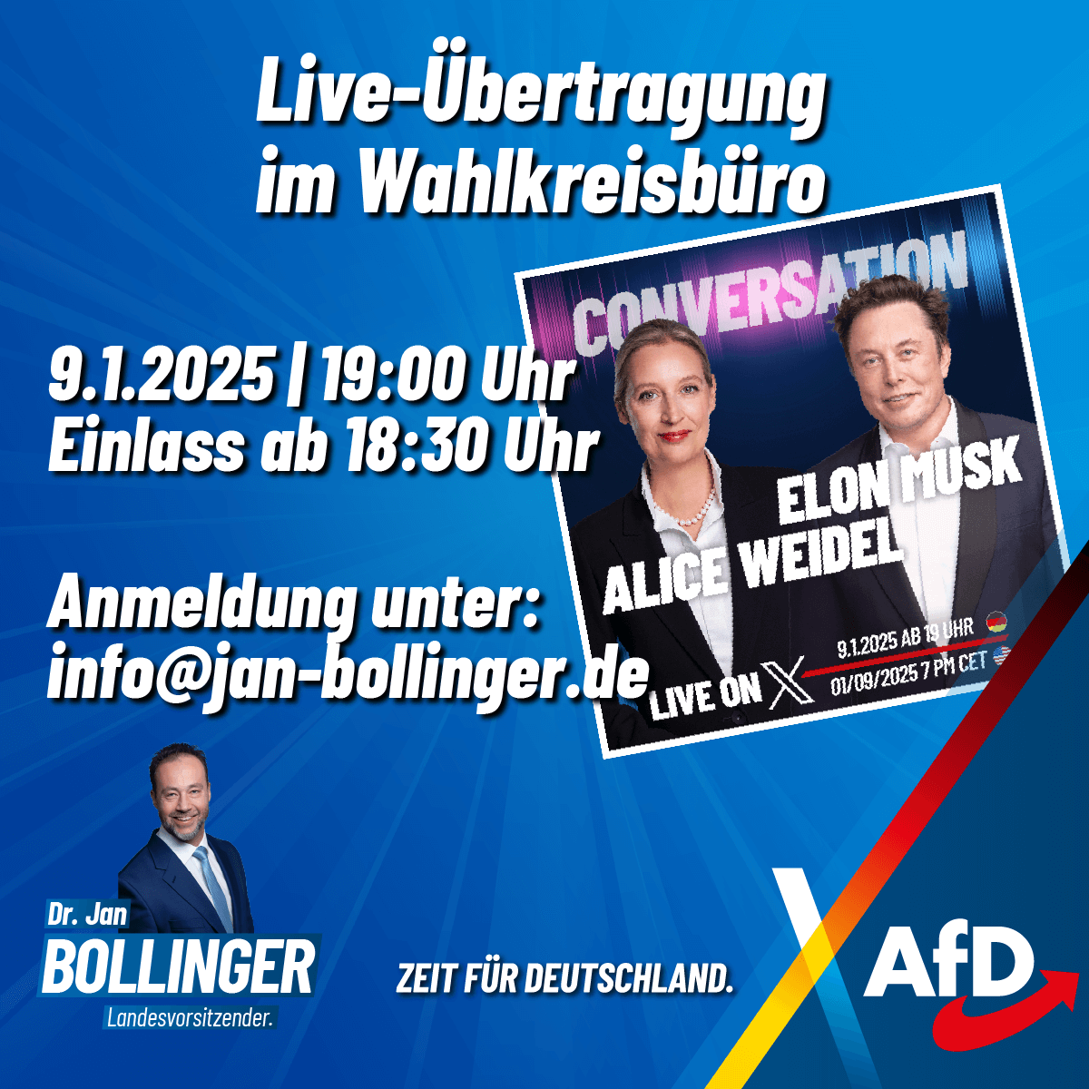 Jan Bollinger, MdL präsentiert Alice Weidel und Elon Musk in seinem Büro via Live-Übertragung